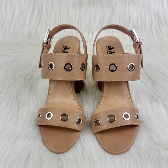Women's AMS Sarah Silver Grommet Accent Slingback Block Heel Sandals Nude - Picture 7 of 8